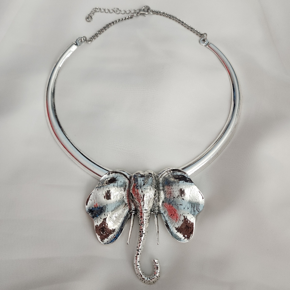 Silver Large Elephant Pendant Statement Necklace - image 1